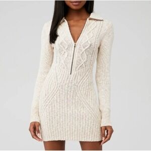 Free‎ People Mont Blanc Long Sleeve Cable Knit Mini Sweater Dress Tan Size M
